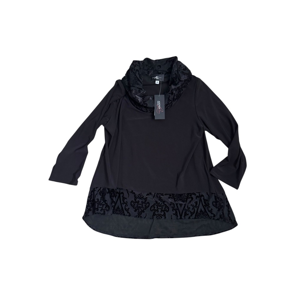 Andria Lieu Dallas‎ Top Black Cowl Neck Velvet Burnout Tunic Blouse Womens S NEW